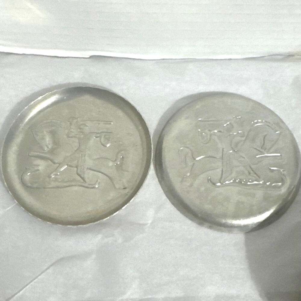 vintage drink coasters collectible aluminum  St.George slaying dragon. Set of 14